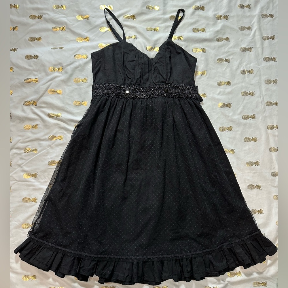 Black DayTrip Size M Midi Strappy Dress, Sheer Overlay, Ties in back, beaded.